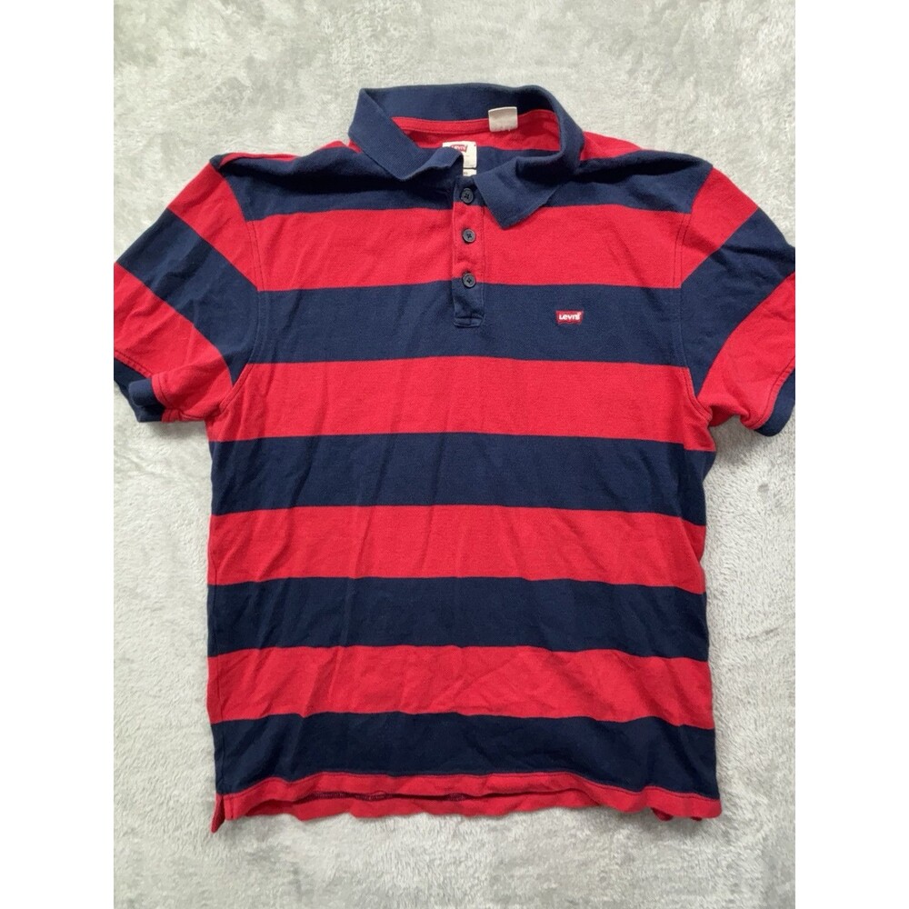 Levi's Polo Shirt Adult Large Red Blue Striped Logo Short Sleeve Collared Mens